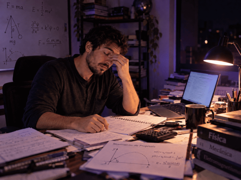 Antes: mesa bagunçada, professor cansado